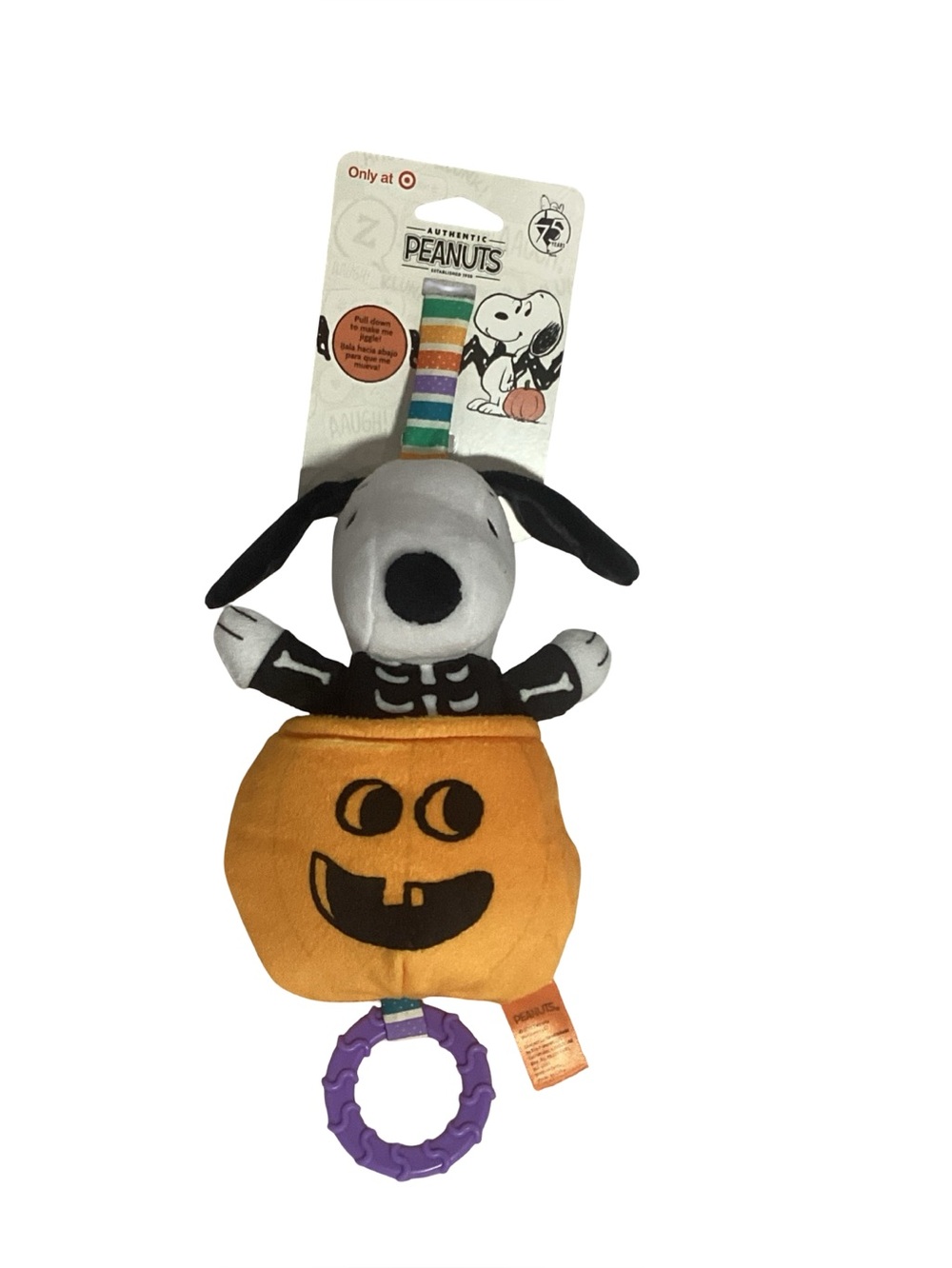Peanuts Halloween Plush Snoopy Skeleton in Pumpkin Crinkle Texture Rattle Jiggle